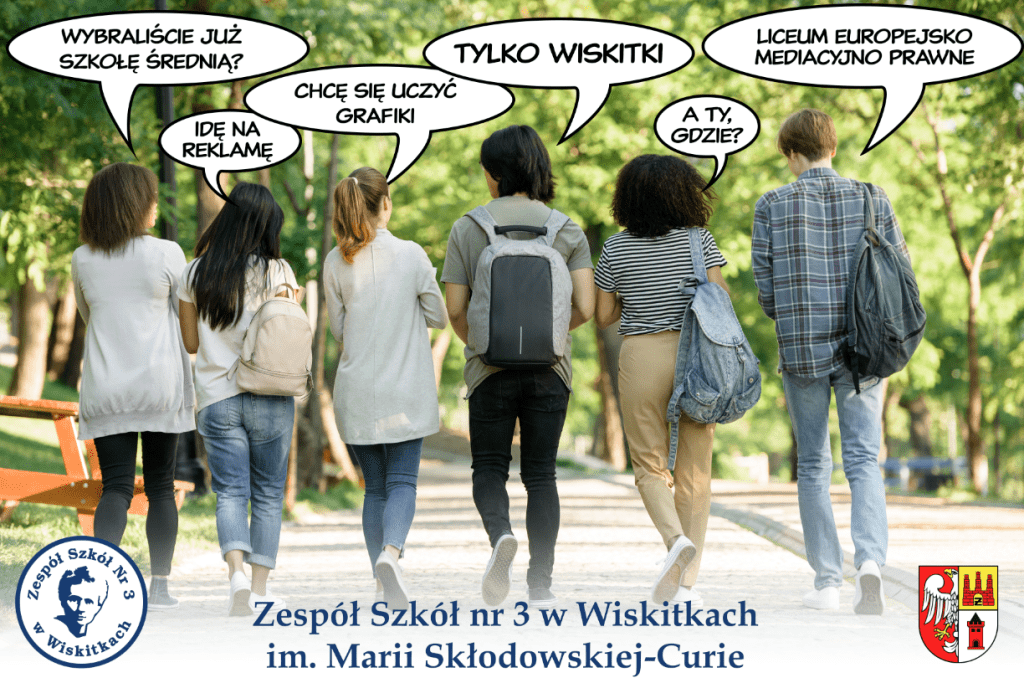 Sześcioro młodych osób idących aleją pośród drzew rozmawia ze sobą na temat planów edukacyjnych - nad ich głowami widoczne są wypowiedzi w dymkach: - Wybraliście już szkołę średnią? - Idę na reklamę. - Chcę się uczyć grafiki. - Tylko Wiskitki. - A ty gdzie? - Liceum europejsko-mediacyjno-prawne. W lewym dolnym rogu znajduje się logo szkoły, w prawym dolnym rogu widać herb powiatu żyrardowskiego, a pośrodku nazwę Zespołu Szkół nr 3 w Wiskitkach.