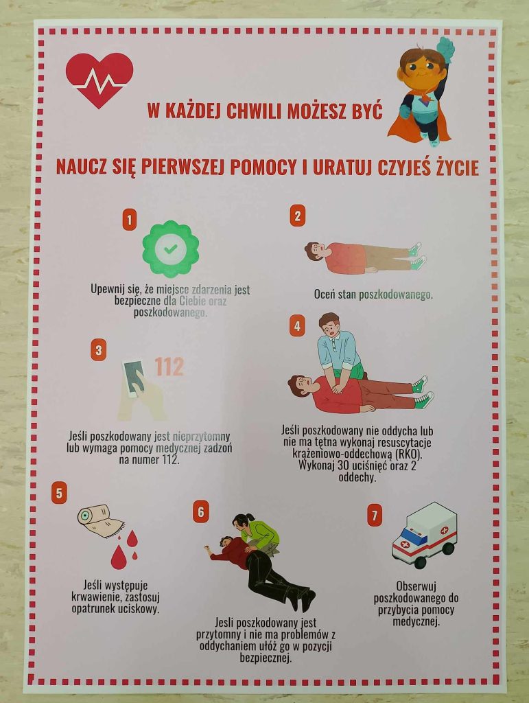 Na rózwym tle napis: w każedej chwili możesz być bohaterem. Ponize wypunktowane zasady postępowania w razie wypadku - w wersji tekstorej i graficznej.